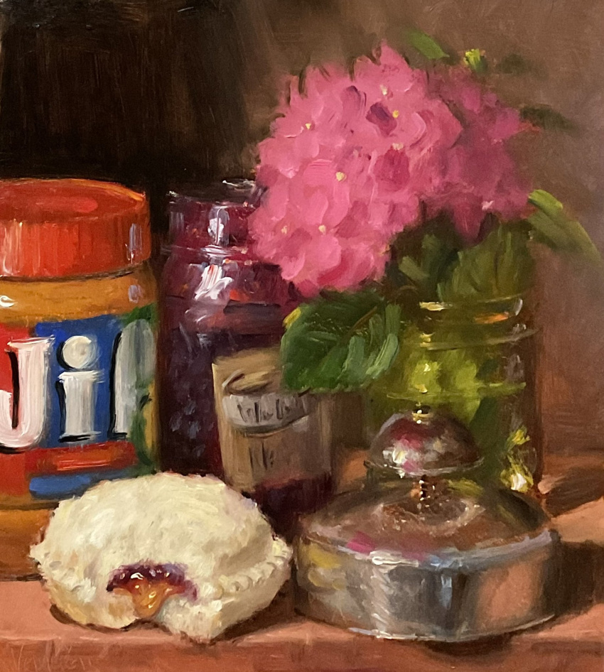 bell cup english_commentary flower food food_focus highres jelly jif_(brand) leaf no_humans noahverrier oil_painting_(medium) original painting_(medium) peanut_butter pink_flower sandwich still_life traditional_media water