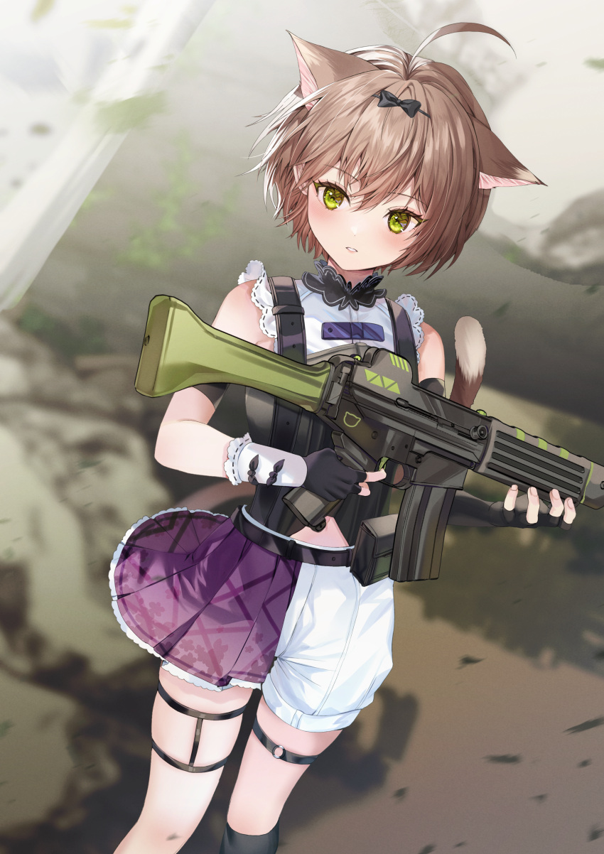 1girl absurdres ahoge animal_ears bare_shoulders black_bow black_gloves black_socks blurry blurry_background blush bow brown_hair cat_ears cat_girl cat_tail commentary_request depth_of_field feet_out_of_frame finger_on_trigger fingerless_gloves gloves gun hair_between_eyes hair_bow highres holding holding_gun holding_weapon kneehighs looking_at_viewer paraffin parted_lips pleated_skirt puffy_shorts purple_skirt shirt short_shorts shorts single_kneehigh single_sock skirt sleeveless sleeveless_shirt socks solo standing tail weapon weapon_request white_shirt white_shorts yellow_eyes