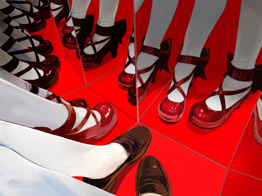 6+girls absurdres ankle_ribbon ankle_strap brown_footwear commentary_request cross-laced_footwear different_reflection female_pov floor from_above highres house_of_mirrors kaname_madoka kneehighs knees_together_feet_apart leg_ribbon legs loafers lower_body magical_girl mahou_shoujo_madoka_magica mahou_shoujo_madoka_magica_(anime) mary_janes mihifu mirror multiple_girls multiple_persona out_of_frame perspective pov pov_legs red_footwear red_ribbon reflection ribbon shadow shiny_footwear shoes socks symbolism thighhighs vanishing_point white_socks white_thighhighs