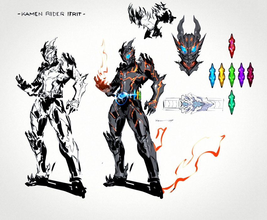 belt bodysuit clive_rosfield crystal final_fantasy final_fantasy_xvi fire flaming_hand full_body glowing highres horned_mask kamen_rider kubaushi looking_at_viewer mask official_alternate_costume parody reference_sheet sentai shoulder_spikes spikes standing