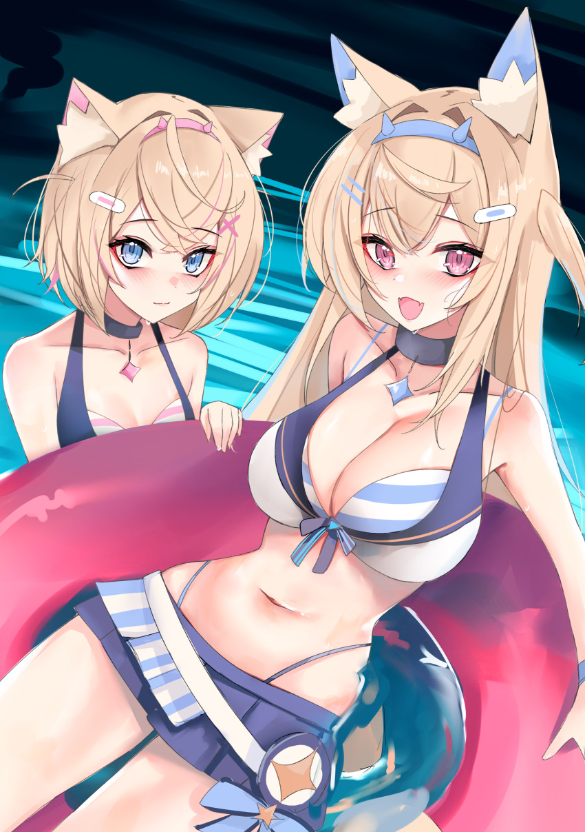 2girls absurdres animal_ear_fluff animal_ears bikini bikini_skirt black_choker blonde_hair blue_bikini blue_hair blue_skirt blush breasts choker cleavage closed_mouth colored_inner_hair dog_ears dog_girl fangs flat_chest fuwawa_abyssgard hair_ornament hairpin highres hololive hololive_english hololive_summer_2023_swimsuit large_breasts long_hair looking_at_viewer medium_hair mococo_abyssgard multicolored_hair multiple_girls navel open_mouth pink_hair rifufu siblings sisters skin_fangs skirt smile streaked_hair striped striped_bikini swimsuit twins virtual_youtuber wading water x_hair_ornament