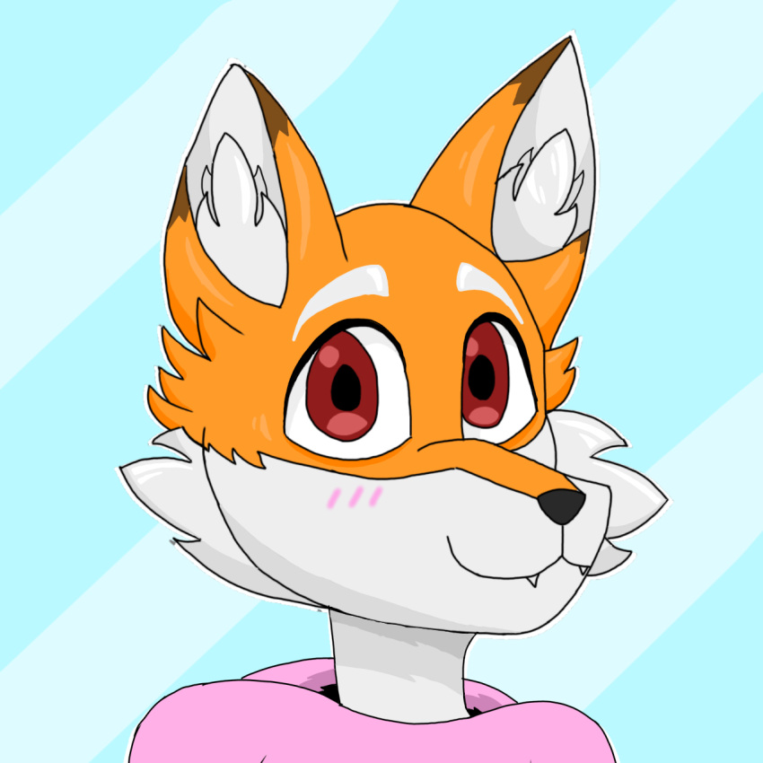 anthro belly black_nose blush blush_lines brown_ear_tips brown_eartips canid canine clothing cute_eyes cute_fangs des_(desthefemboy) desthefemboy fluffy fox fur hi_res hoodie inner_ear_fluff male mammal orange_body orange_fur outline pattern_background pink_clothing pink_hoodie pink_topwear red_eyes simple_background smile solo striped_background topwear tuft white_belly white_body white_fur white_outline