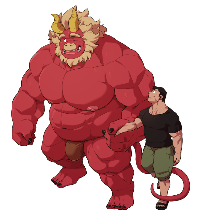 2boys absurdres acrylic_stand bara beard belly black_hair blank_eyes bulge colored_skin curled_horns dragon_horns facial_hair fewer_digits forked_eyebrows full_body furry furry_male furry_with_non-furry gardie_(otsukimi) green_shorts happy head_tilt highres holding holding_umbrella horns huge_eyebrows huge_pectorals interspecies kouhei_(otsukimi) large_bulge large_hands large_pectorals lion_hair loincloth looking_at_another male_focus multiple_boys muscular muscular_male nipples one_eye_closed original otsukimi pectorals red_skin shirt short_hair shorts sideburns sideburns_stubble size_difference standing strongman_waist t-shirt tail_around_another's_leg thick_eyebrows thick_thighs thighs topless_male tusks umbrella yaoi
