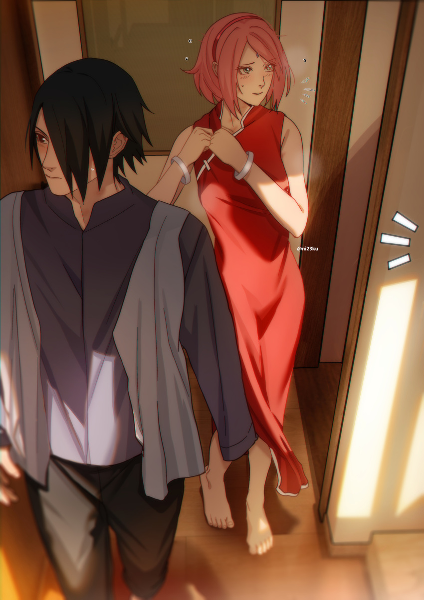 1boy 1girl absurdres adjusting_clothes amputee barefoot black_eyes black_hair boruto:_naruto_next_generations bracelet breasts chinese_commentary commentary_request dress from_above green_eyes hair_over_one_eye hairband haruno_sakura highres husband_and_wife implied_after_sex jewelry naruto_(series) niku_(ni23ku) pink_hair red_dress red_hairband small_breasts sweatdrop twitter_username uchiha_sasuke
