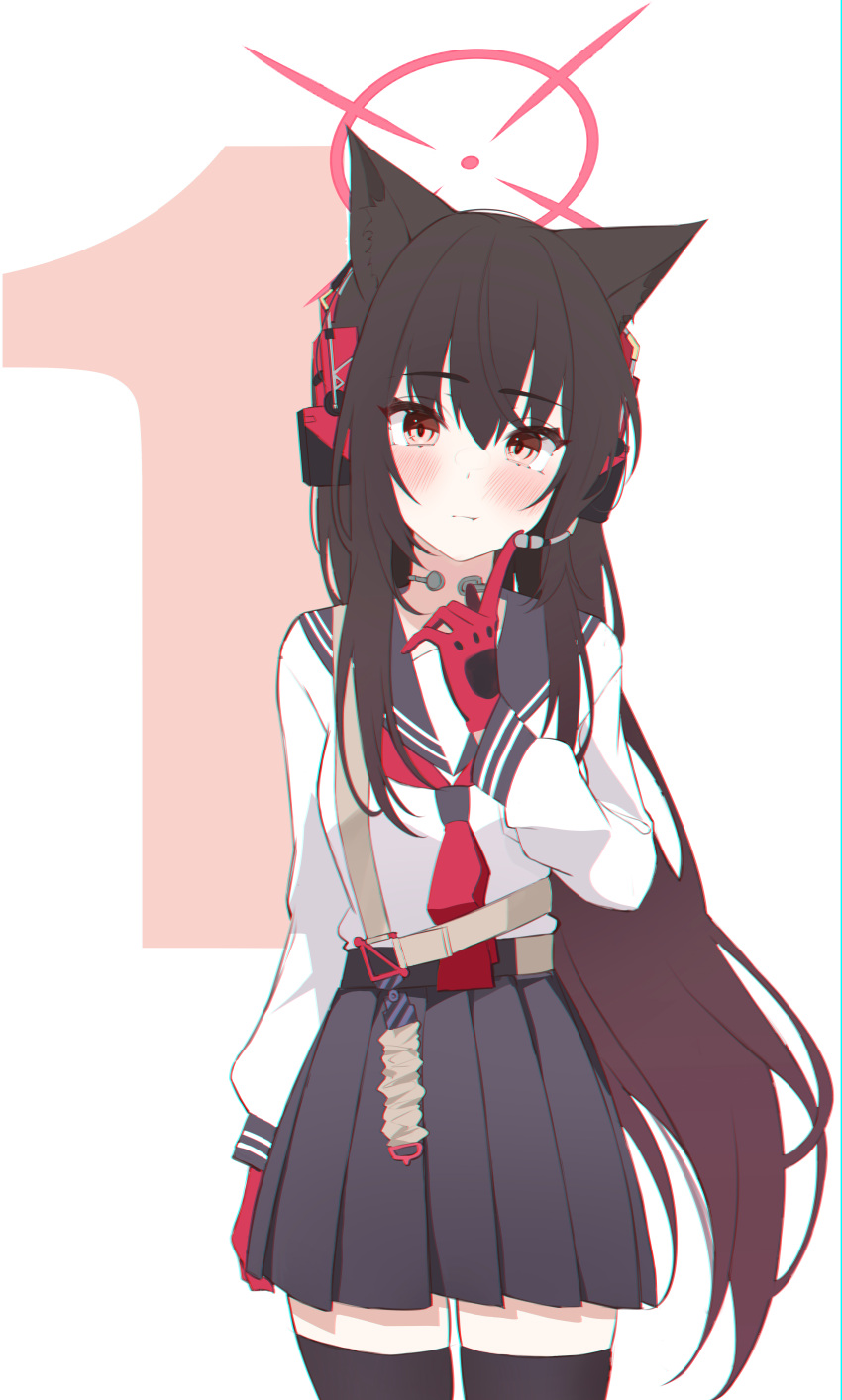 1girl absurdres animal_ears black_hair black_sailor_collar black_skirt black_thighhighs blue_archive chromatic_aberration cowboy_shot ear_protection fox_ears gloves hair_between_eyes halo highres liverpool0427 long_hair looking_at_viewer neckerchief numbered orange_eyes pleated_skirt red_gloves red_neckerchief sailor_collar school_uniform serafuku simple_background skirt solo thighhighs throat_microphone white_serafuku yukino_(blue_archive)