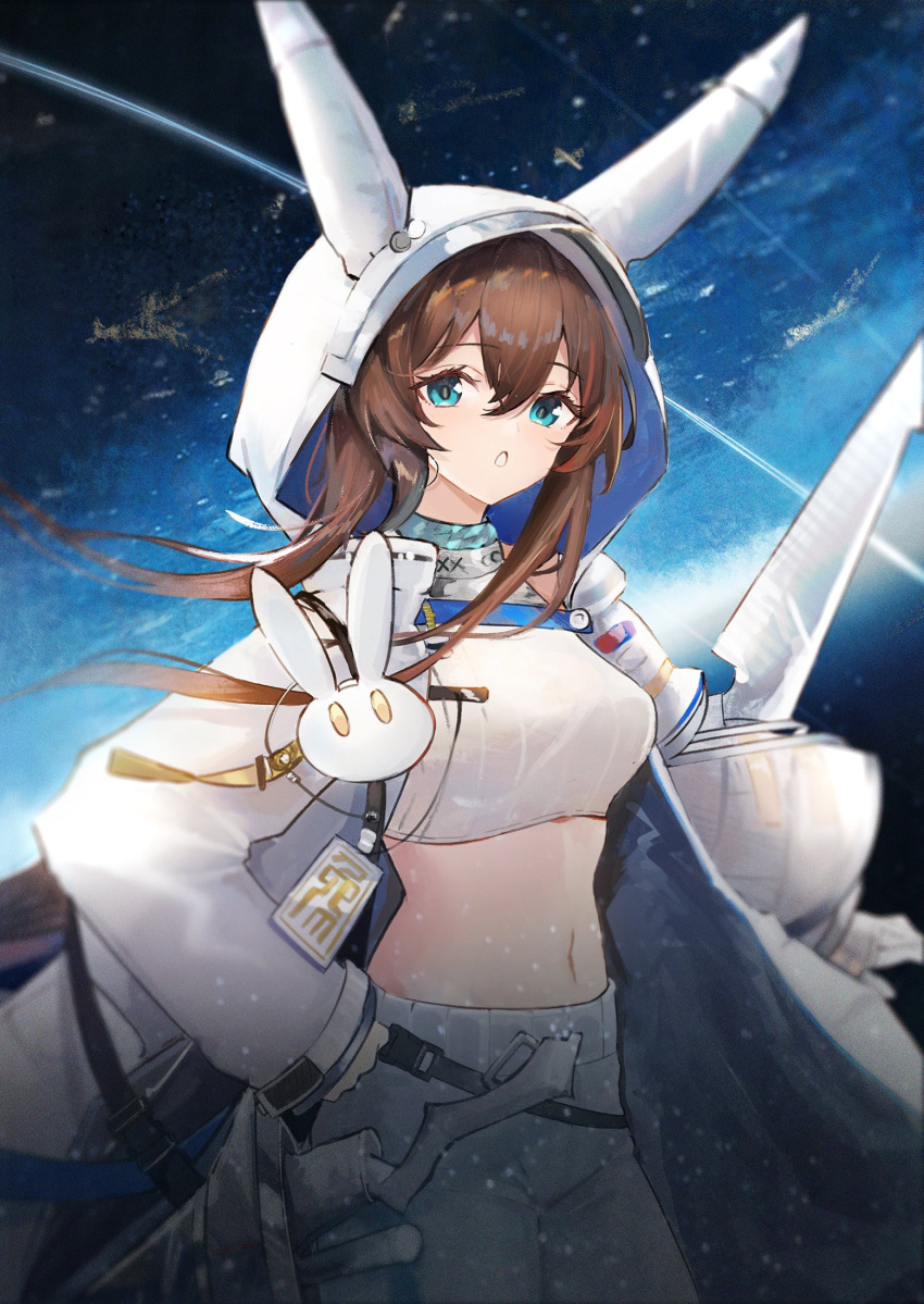 1girl amiya_(arknights) amiya_(guard)_(arknights) amiya_(guard)_(touch_the_stars)_(arknights) arknights blue_eyes breasts brown_hair coat commentary cowboy_shot crop_top ema_(kuguiema) highres hooded_coat long_hair long_sleeves looking_at_viewer medium_breasts midriff navel pants shirt solo standing stomach white_coat white_pants white_shirt