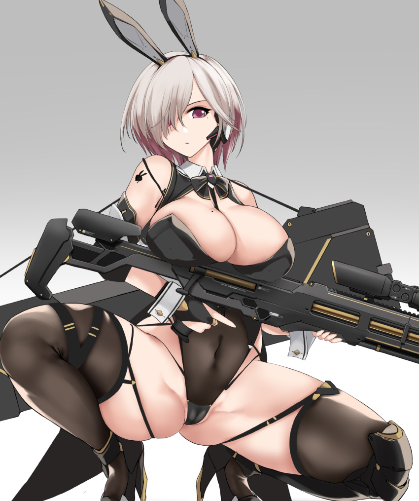 1girl akatsuki_akane animal_ears bare_shoulders black_leotard black_thighhighs breasts cameltoe closed_mouth commentary_request covered_navel fake_animal_ears gradient_background grey_background gun hair_over_one_eye high_heels highleg highleg_leotard highres holding holding_gun holding_weapon large_breasts leotard looking_at_viewer mole mole_under_eye one_eye_covered original purple_eyes rabbit_ears rifle short_hair simple_background sniper_rifle solo squatting thighhighs thighs weapon white_hair wrist_cuffs