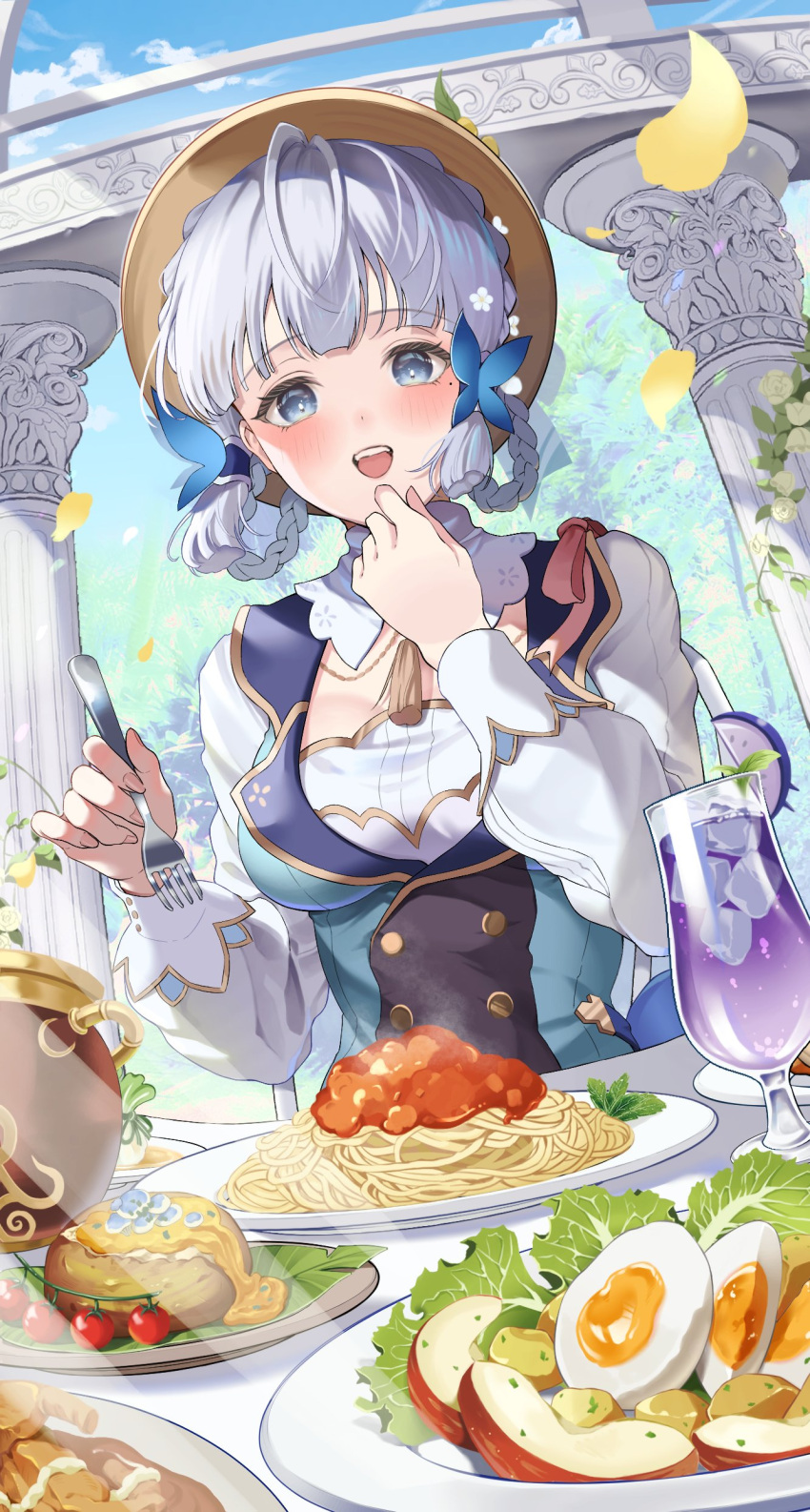 1girl absurdres blue_dress blue_eyes blue_sky blunt_tresses braid brown_headwear butterfly_hair_ornament butterfly_ring cloud collar cup day detached_collar dress egg_(food) falling_leaves fingernails food fork fruit genshin_impact grey_hair hair_ornament hair_rings hair_up hand_to_own_mouth happy hat_leaf highres holding holding_fork ice ice_cube kamisato_ayaka kamisato_ayaka_(springbloom_missive) leaf long_sleeves mitarashimame mole mole_under_eye multicolored_clothes multicolored_dress neck_tassel official_alternate_costume official_alternate_hairstyle open_mouth outdoors pasta pillar plate puffy_long_sleeves puffy_sleeves short_hair sitting sky solo spaghetti sunlight table teeth upper_teeth_only white_collar white_dress