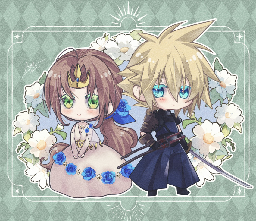 1boy 1girl aerith_gainsborough aqua_eyes arestear0701 armor black_footwear black_gloves blonde_hair blue_eyes blue_flower blue_ribbon blue_rose bridal_gauntlets brown_hair chibi cloud_strife dress dress_flower final_fantasy final_fantasy_vii final_fantasy_vii_ever_crisis final_fantasy_vii_remake floral_background flower furrowed_brow gloves gold_trim green_background green_eyes hair_between_eyes hair_flower hair_ornament hair_ribbon hakama highres holding holding_sword holding_weapon japanese_armor japanese_clothes katana long_dress official_alternate_costume own_hands_together parted_bangs ponytail ribbon rose see-through see-through_sleeves short_hair shoulder_armor smile spiked_hair standing sword tiara v_arms weapon white_dress white_flower white_sleeves