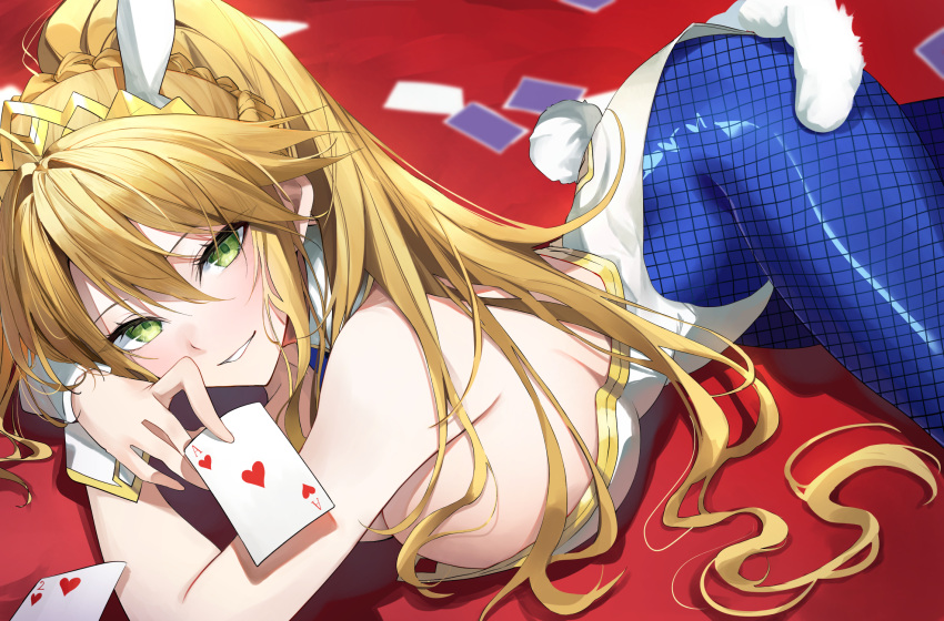 1girl animal_ears artoria_pendragon_(fate) artoria_pendragon_(swimsuit_ruler)_(fate) bare_shoulders blonde_hair blue_pantyhose braid breasts card detached_collar fate/grand_order fate_(series) fishnets green_eyes hair_between_eyes herigaru_(fvgyvr000) highres large_breasts leotard long_hair looking_at_viewer necktie pantyhose playboy_bunny ponytail rabbit_ears solo white_leotard wrist_cuffs
