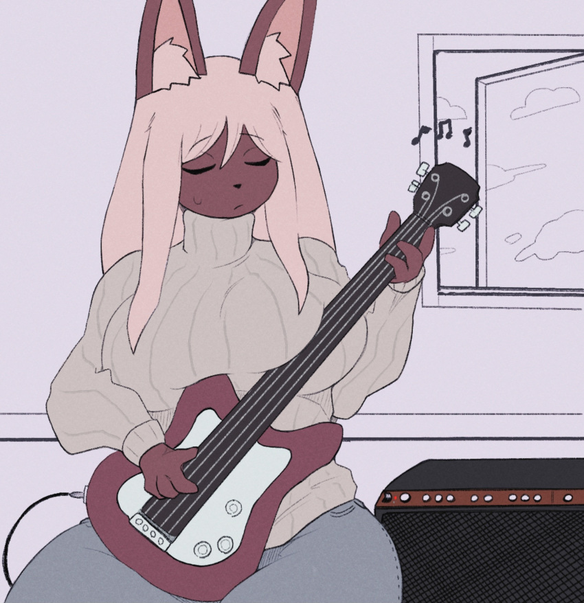 amplifier anthro bass_guitar bodily_fluids bottomwear brown_body brown_fur clothing denim denim_clothing eyes_closed female fur guitar hair hi_res inner_ear_fluff jeans lagomorph leporid long_hair mammal musical_instrument pants playing_music plucked_string_instrument rabbit solo string_instrument sweat sweatdrop sweater tan_hair tideripples topwear tuft turtleneck