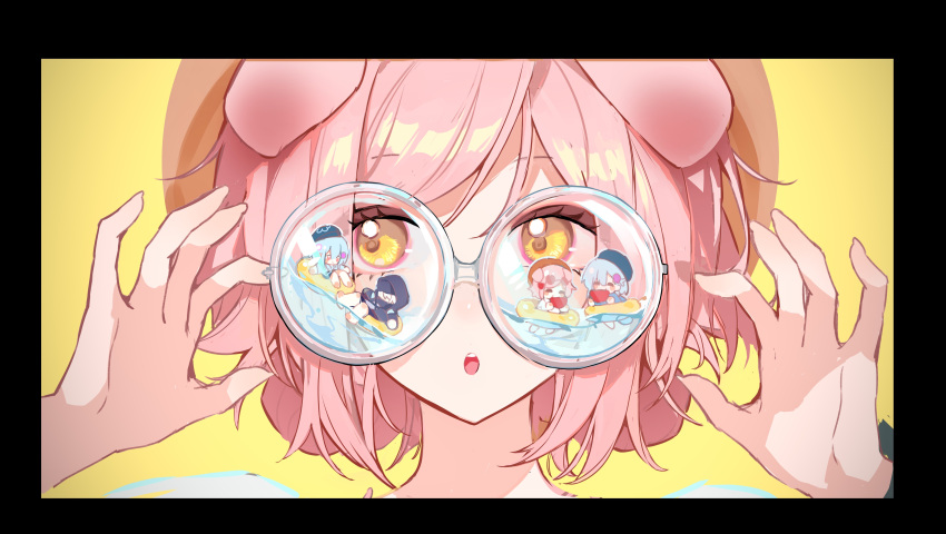 1girl :o absurdres animal_ears arknights black_border blackte69652249 border cat_ears commentary_request doctor_(arknights) goldenglow_(arknights) hair_between_eyes hands_up highres looking_at_viewer mizuki_(arknights) parted_lips pink_hair portrait round_eyewear solo teeth upper_teeth_only yellow_background yellow_eyes