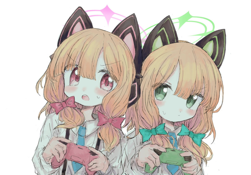 2girls animal_ear_headphones animal_ears blonde_hair blue_archive blue_necktie blush bow cat_ear_headphones closed_mouth collared_shirt controller eye_contact facing_viewer fake_animal_ears game_controller green_bow green_eyes hair_bow halo hands_up headphones highres holding holding_controller holding_game_controller long_sleeves looking_at_another looking_to_the_side medium_hair midori_(blue_archive) momoi_(blue_archive) multiple_girls multiple_hair_bows necktie open_mouth pink_bow pink_eyes reitoubeef shirt short_necktie siblings simple_background sisters sweatdrop upper_body v-shaped_eyebrows white_background white_shirt