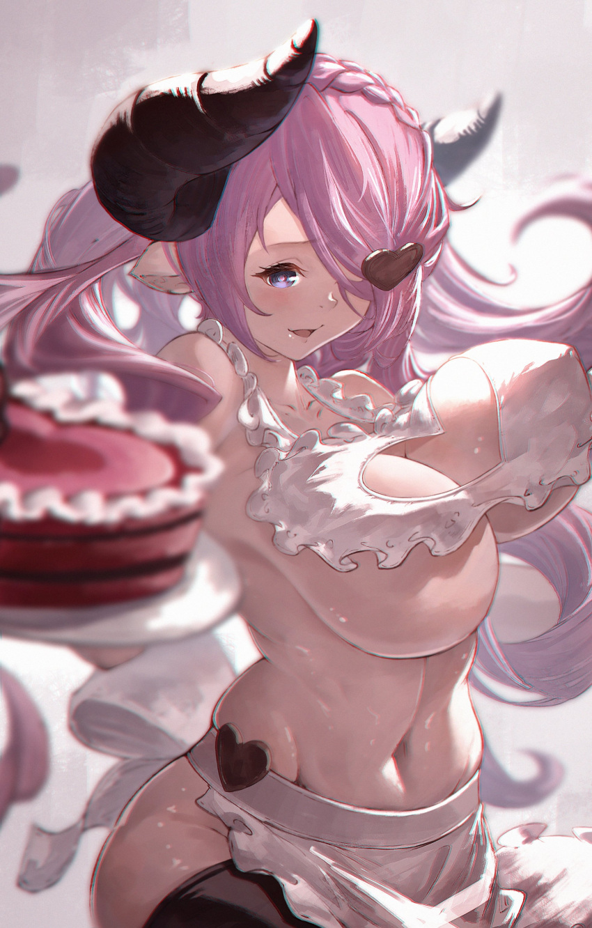 1girl absurdres apron black_thighhighs blue_eyes bouncing_breasts braid breasts cake chocolate_cake cleavage_cutout clothing_cutout commentary draph food granblue_fantasy hair_ornament hair_over_one_eye heart heart-shaped_cake heart_cutout heart_hair_ornament highres horns large_breasts long_hair looking_at_viewer naked_apron narmaya_(granblue_fantasy) narmaya_(valentine)_(granblue_fantasy) navel official_alternate_costume open_mouth pointy_ears purple_hair simple_background smile solo thighhighs unaligned_breasts waist_apron yu_pian