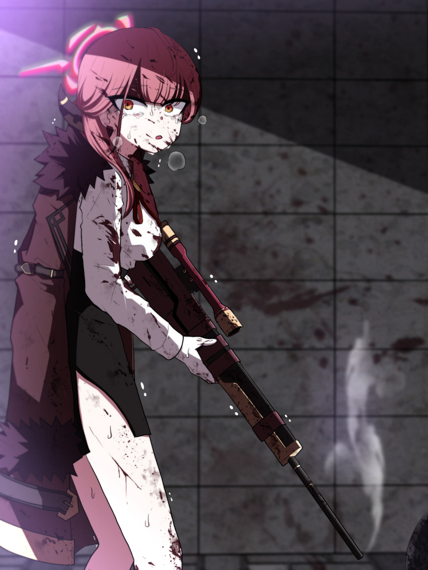 1girl absurdres aru_(blue_archive) black_skirt blood blood_on_clothes blood_on_face blood_splatter blue_archive breasts breath bruise coat coat_on_shoulders demon_horns feet_out_of_frame fur-trimmed_coat fur_trim gloves gun halo highres holding holding_gun holding_weapon horns implied_murder injury looking_at_viewer looking_to_the_side manyup_(hero8876) medium_breasts pink_hair rifle shirt skirt smoke_trail sniper_rifle sweat tears weapon white_gloves white_shirt