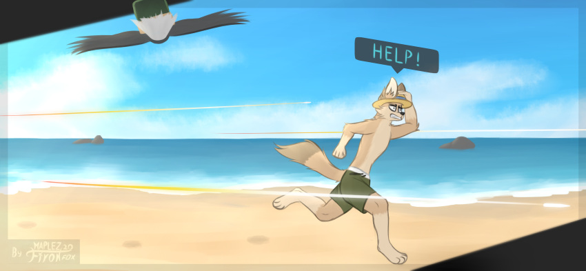 4_fingers 4_toes absurd_res accipitrid accipitriform anthro avian beach bird bottomwear canid canine canis clothing eagle feet fennec fingers fironmaplez_(artist) fox fur hat headgear headwear hi_res inner_ear_fluff male mammal pixile_studios running scared seaside shorts solo super_animal_royale tail tan_body tan_fur toes tuft water