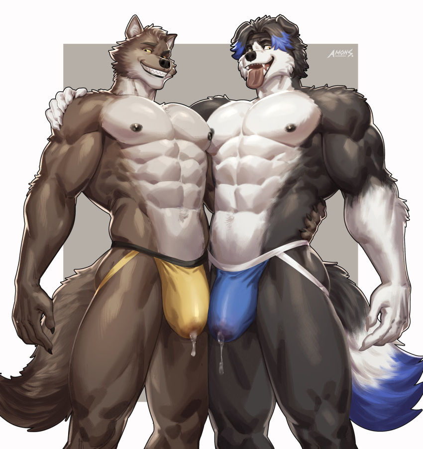 abs amon-sydonai anthro black_body black_fur black_hair blue_hair bodily_fluids border_collie brown_body brown_fur bulge canid canine canis clothed clothing collie domestic_dog dreamworks dripping duo floppy_ears fur genital_fluids genital_outline grin hair herding_dog hi_res highlights_(coloring) jockstrap jockstrap_only looking_at_viewer male male/male mammal mr._wolf_(the_bad_guys) obliques pastoral_dog pecs penis_outline precum precum_drip precum_through_clothing precum_through_jockstrap sheepdog smile teeth the_bad_guys tongue tongue_out topless underwear underwear_only wet wet_clothing white_body white_fur wolf