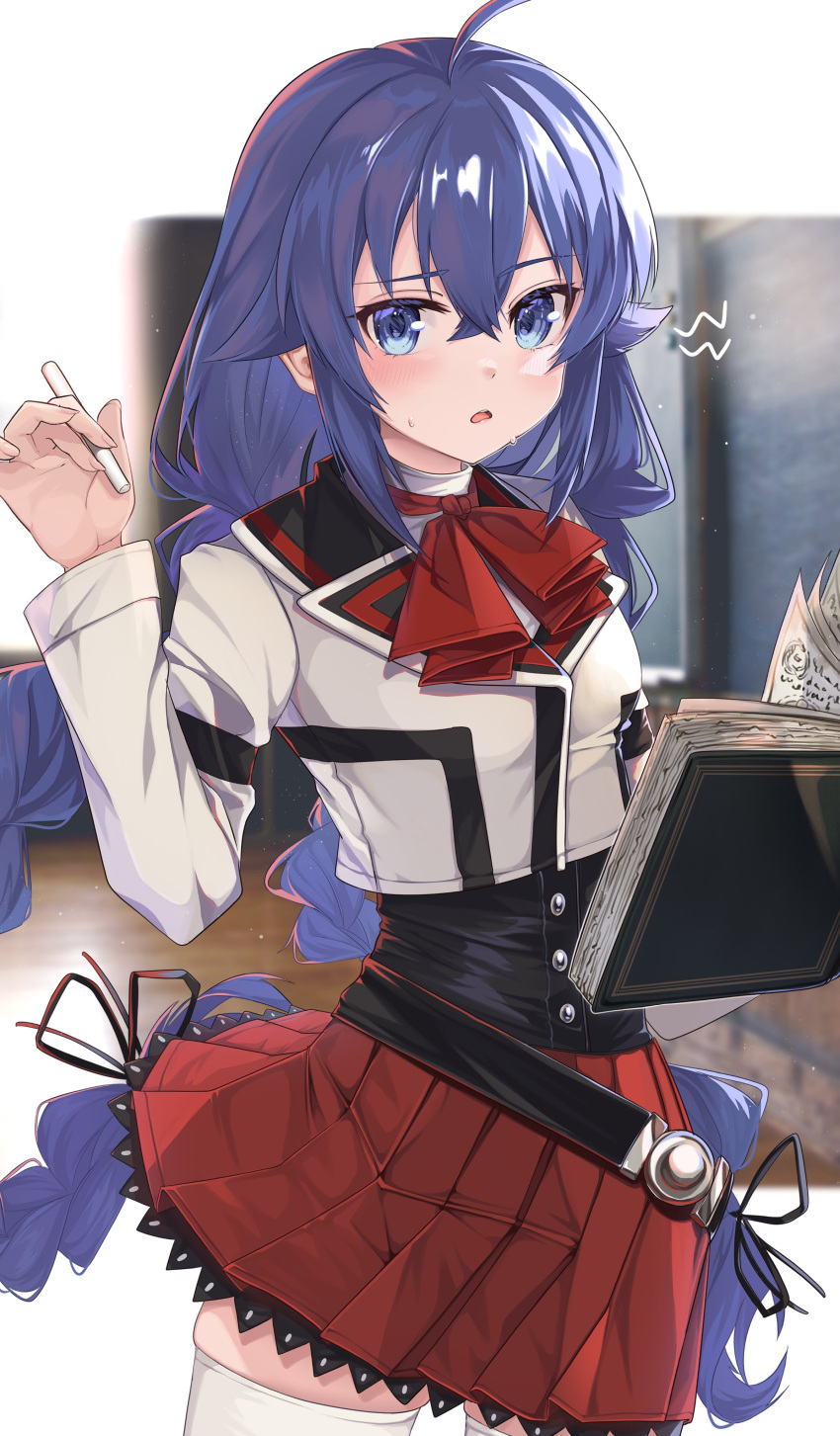 1girl absurdres ahoge ascot baba_kirika belt black_belt blue_eyes blue_hair book braid cropped_jacket highres holding holding_book jacket looking_at_viewer mushoku_tensei red_ascot red_skirt roxy_migurdia skirt solo thighhighs twintails white_jacket white_thighhighs