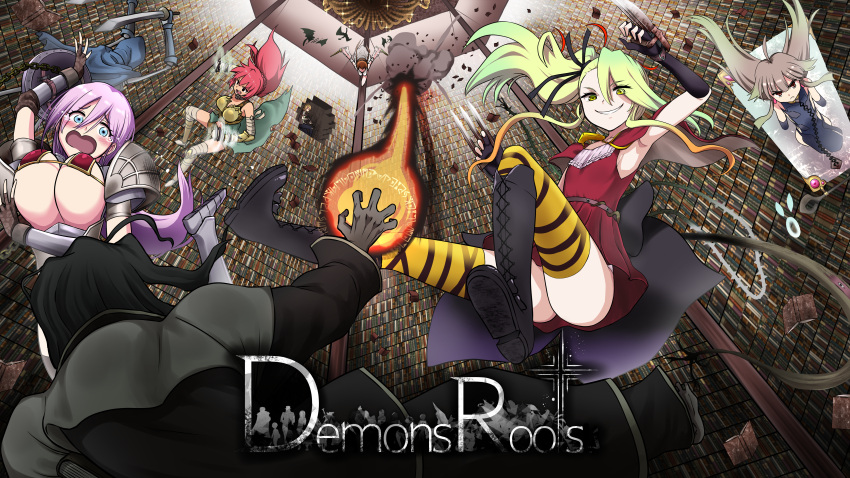 1boy 6+girls absurdres ahoge akaimato ange_(demonsroots) armor bandages bikini_armor black_coat black_footwear black_gloves black_hair blonde_hair book boots breasts claw_(weapon) coat crying deathpolca demons_roots diana_(demonsroots) dress falling fighting fingerless_gloves gloves gradient_hair green_eyes grey_hair gun highres kalinka_(demonsroots) large_breasts library lily_killer long_hair magic multicolored_hair multiple_girls open_mouth pink_hair plant red_dress red_hair restrained rifle sarasa_(demonsroots) shield side_ponytail skeleton striped striped_thighhighs thighhighs vines wavy_mouth weapon