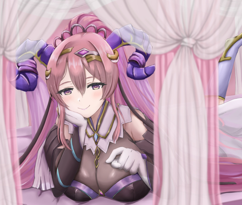 bed blush breasts cleavage curled_horns fire_emblem fire_emblem_heroes gloves goat_horns hair_between_eyes hair_ornament hand_on_own_face heart heart-shaped_pupils highres horns large_breasts long_hair lying nerthuz_(fire_emblem) on_bed on_stomach patty_ojisan pink_hair ponytail purple_eyes smile symbol-shaped_pupils white_gloves