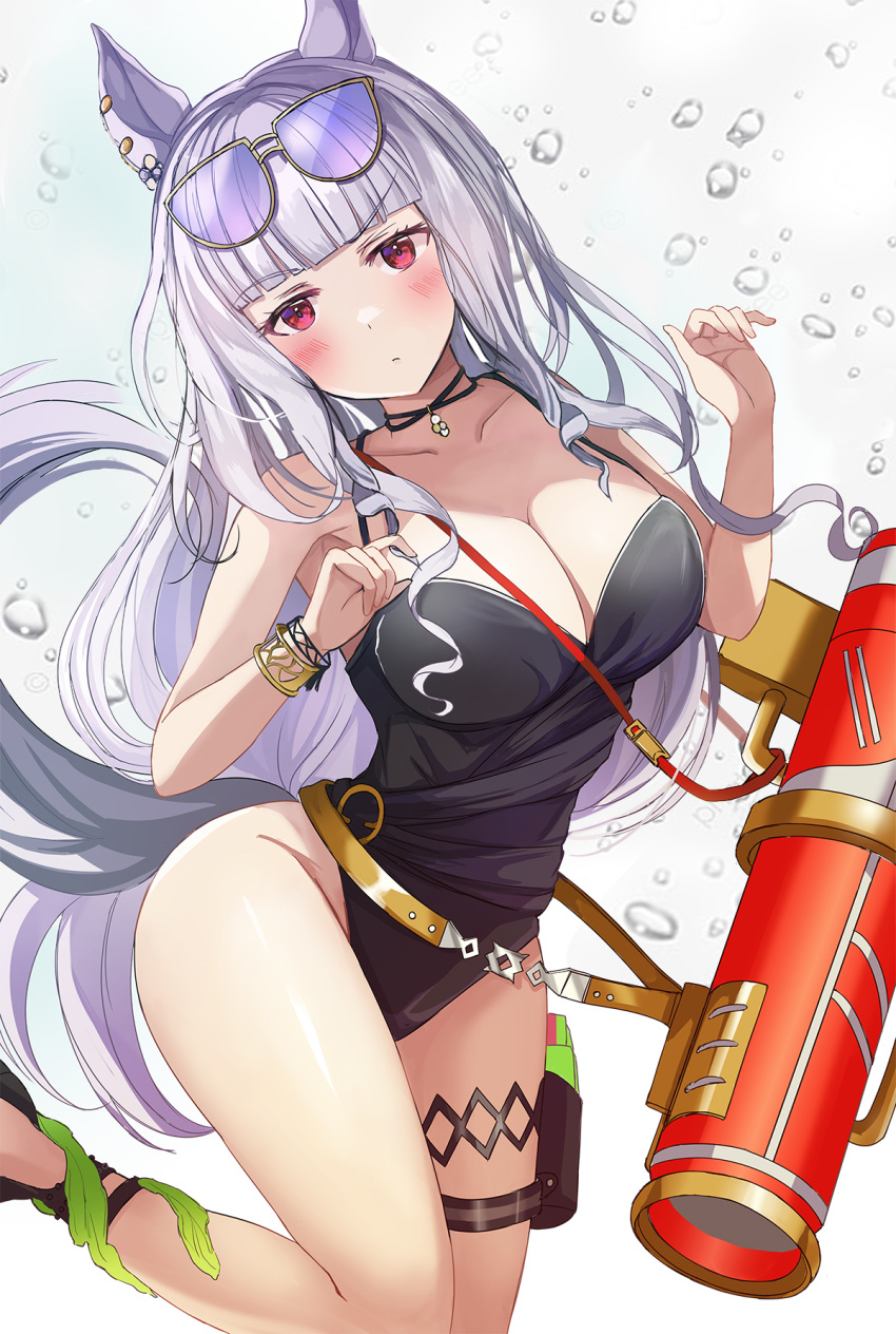 1girl animal_ears black_one-piece_swimsuit blush bracelet breasts cleavage closed_mouth collarbone ear_piercing eyewear_on_head gold_ship_(run_revolt_launcher)_(umamusume) gold_ship_(umamusume) grey_hair hanamura_pink highleg highleg_swimsuit highres holster horse_ears horse_girl horse_tail jewelry large_breasts long_hair looking_at_viewer necklace official_alternate_costume one-piece_swimsuit piercing purple_eyes sling solo sunglasses super_smashing_summer_vacation_(umamusume) swimsuit tail thigh_holster thigh_strap umamusume very_long_hair water_gun white_background