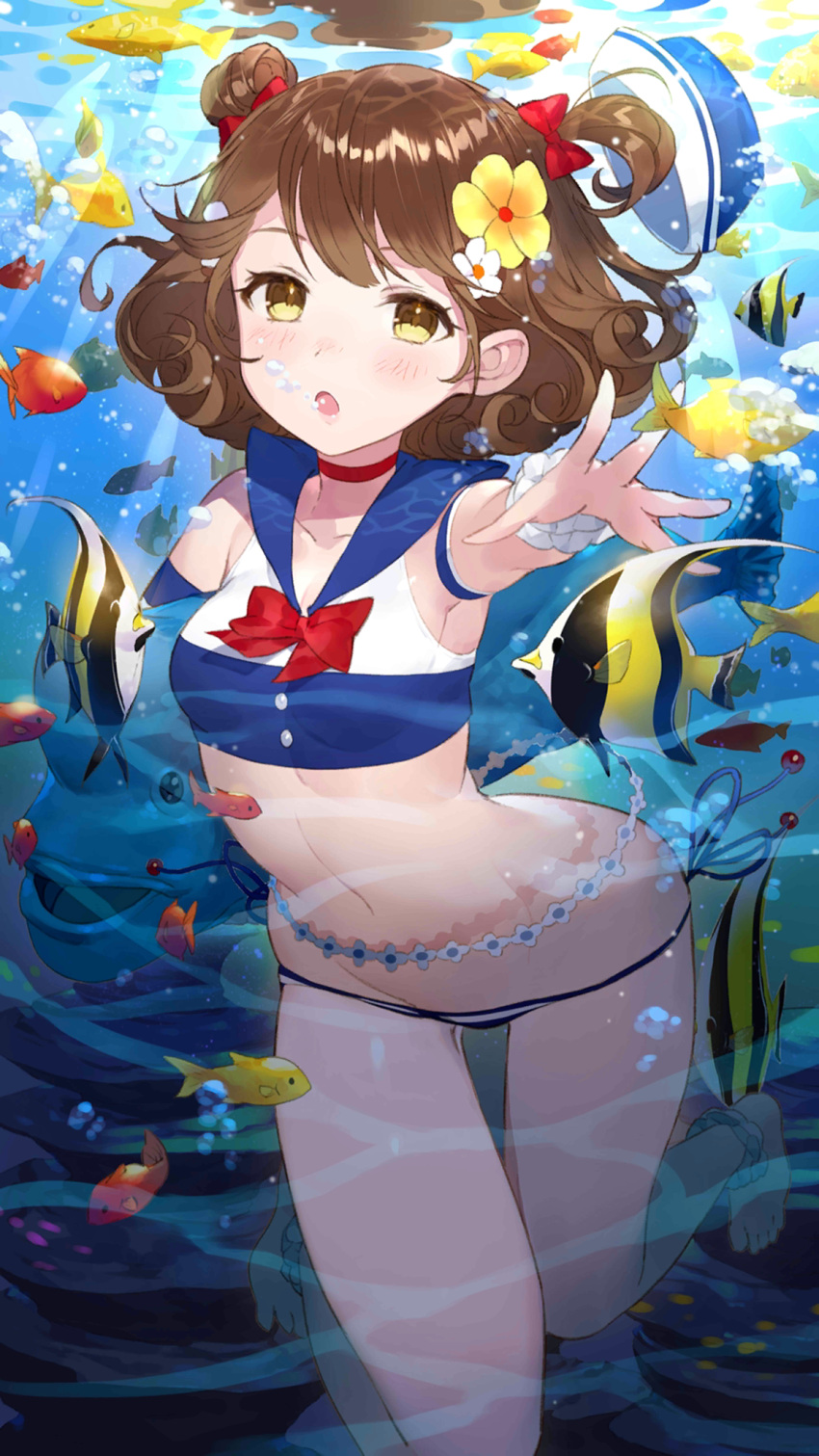 1girl :o air_bubble ankle_scrunchie bare_legs barefoot bikini blue_bikini blue_headwear blue_sailor_collar blush bow bowtie breasts brown_hair bubble fish flower full_body girl_cafe_gun hair_bow hair_bun hair_flower hair_ornament hat highres kneeling looking_at_viewer medium_hair navel official_art one_side_up outstretched_arm outstretched_hand red_bow red_bowtie sailor_collar sailor_hat scrunchie side-tie_bikini_bottom single_side_bun small_breasts solo stomach su_xiaozhen swimsuit tropical_fish underwater white_flower wrist_scrunchie yellow_eyes yellow_flower