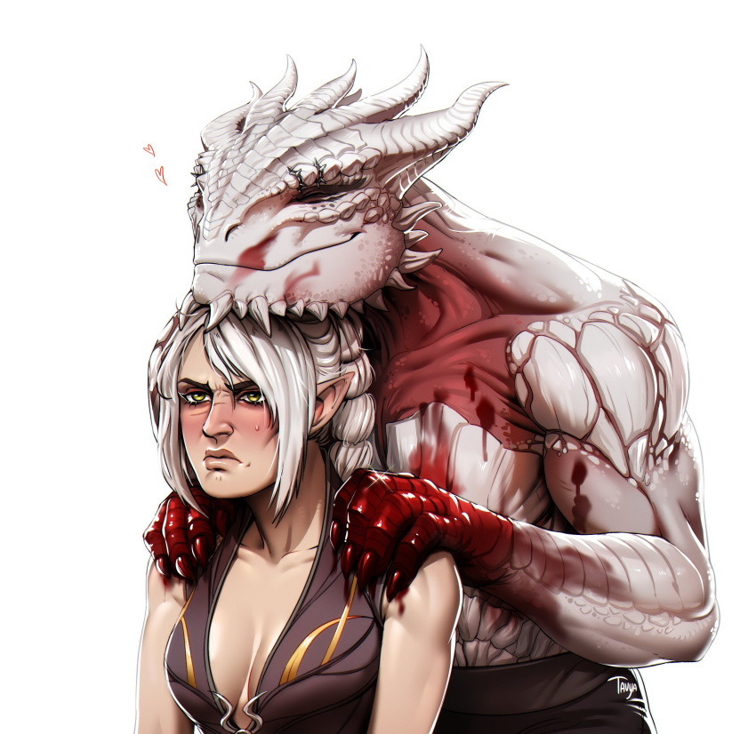 &lt;3 abs absurd_res anthro baldur's_gate blood blood_on_face blood_on_hand blush bodily_fluids clothing dragon dragonborn_(dnd) dungeons_and_dragons duo eyes_closed female hair half_elf hasbro hi_res horn male muscular muscular_anthro muscular_male pecs pouting scales shadowheart shirtless simple_background smile the_dark_urge_(baldur's_gate) white_background white_body white_hair white_scales wizards_of_the_coast