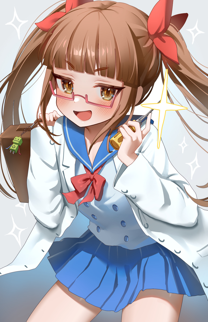 1girl absurdres blue_sailor_collar blue_serafuku blue_skirt blunt_bangs blush bow brown_eyes brown_hair glasses hair_bow hair_ribbon highres holding holding_screwdriver idolmaster idolmaster_cinderella_girls idolmaster_cinderella_girls_starlight_stage ikebukuro_akiha keychain labcoat long_hair long_sleeves looking_at_viewer neck_ribbon ningen_mame open_mouth pink-framed_eyewear pleated_skirt red_ribbon ribbon sailor_collar school_uniform screwdriver semi-rimless_eyewear serafuku simple_background skirt smile solo sparkle suitcase twintails under-rim_eyewear white_background