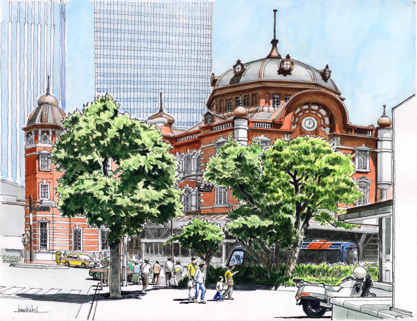 building bus car city day grass motor_vehicle motorcycle original road shadow sketch skyscraper street sunlight tall_grass toirom_pmxh tokyo_(city) tokyo_station train_station tree tree_shade window