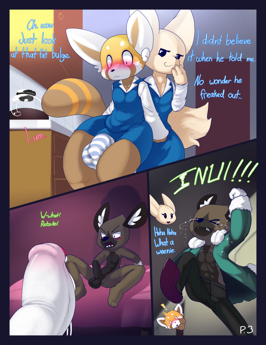 absurd_res aggretsuko anthro balls big_balls big_penis blue_border blush bodily_fluids border bulge comic comparing duo embarrassed english_text fenneko foreskin genital_fluids genitals haida_(aggretsuko) hi_res hyper hyper_genitalia leaking_precum maehdoggie male male/male nude penis precum retsuko sanrio tears text work_uniform