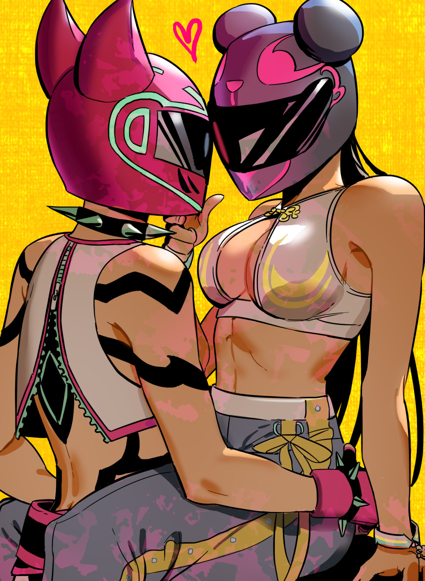 2girls absurdres arm_support bbubbubbobbo123 bracelet breasts chun-li cleavage collar crop_top han_juri hand_on_another's_chin hands_on_another's_hips heart helmet highres jewelry long_hair midriff multiple_girls sitting sleeveless spiked_bracelet spiked_collar spikes street_fighter street_fighter_6 tear-away_pants yellow_background yuri
