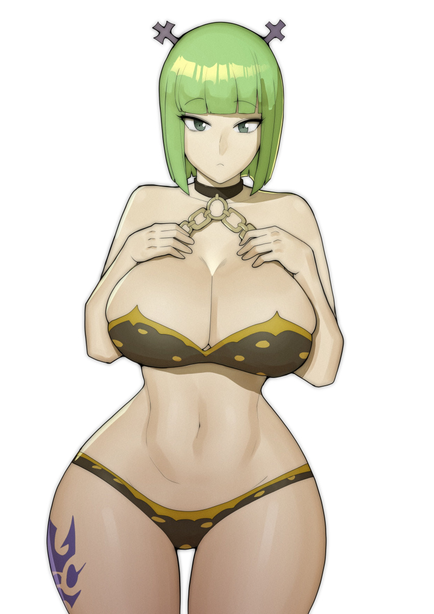 1girl absurdres bare_arms bare_shoulders bikini blunt_bangs bob_cut brandish_mu breasts brown_hair chain cleavage collar collarbone commentary crop_top cropped_legs cross cross_earrings cross_hair_ornament doublehero earrings fairy_tail green_eyes green_hair hair_ornament half-closed_eyes hands_on_own_chest highres jewelry large_breasts legs looking_at_viewer navel o-ring o-ring_bikini parted_lips short_hair shorts simple_background solo standing swimsuit thick_thighs thighs white_background white_shorts