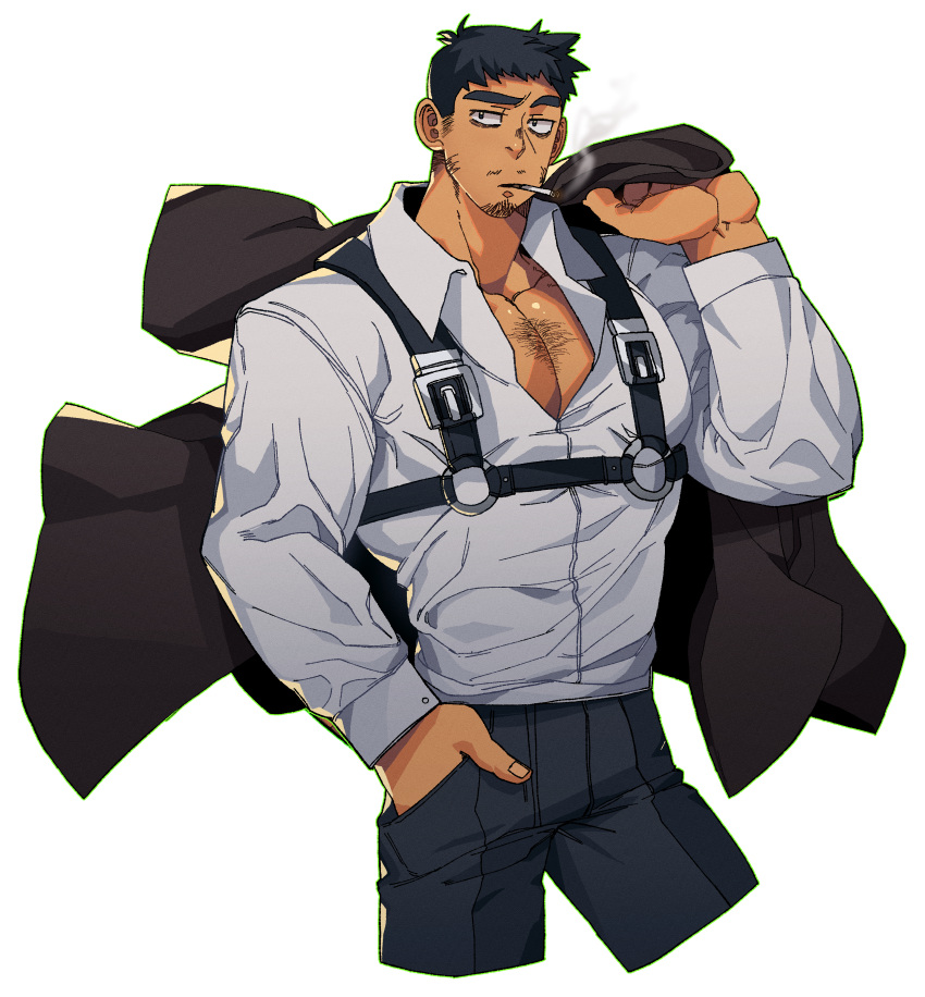 1boy absurdres bags_under_eyes bara chest_belt cigarette cropped_legs dark-skinned_male dark_skin facial_hair highres jacket jacket_over_shoulder jacket_removed jitome large_pectorals looking_to_the_side male_focus mature_male muscular muscular_male navel original pectoral_cleavage pectorals raised_eyebrow short_hair sideburns_stubble smoking solo sparse_chest_hair sparse_stubble stomach stubble thick_eyebrows ttn_(239_239) veins veiny_arms