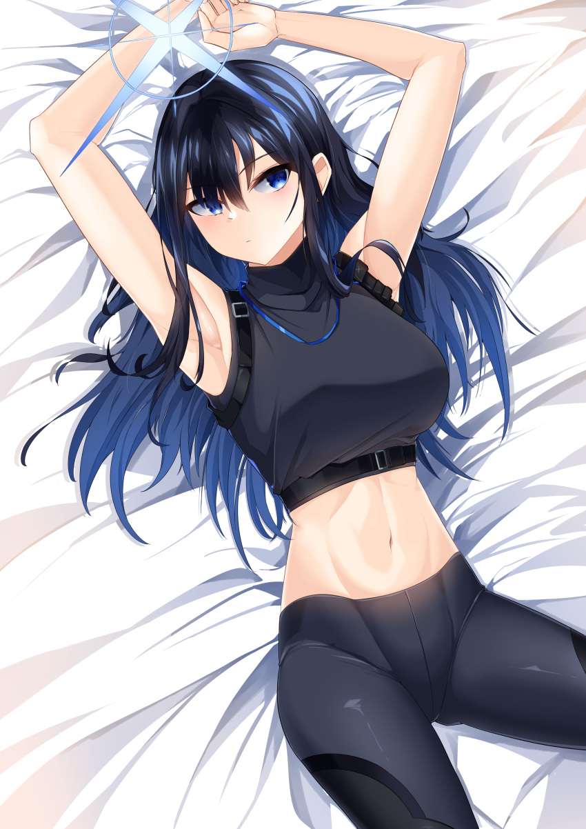 1girl absurdres armpits arms_up bare_arms bare_shoulders bed_sheet black_pants black_shirt blue_archive blue_eyes blue_hair breasts commentary_request cowboy_shot crop_top hair_between_eyes highres kipdrew large_breasts leggings long_hair looking_at_viewer lying midriff navel on_back pants saori_(blue_archive) shirt sleeveless sleeveless_shirt solo stomach thighs