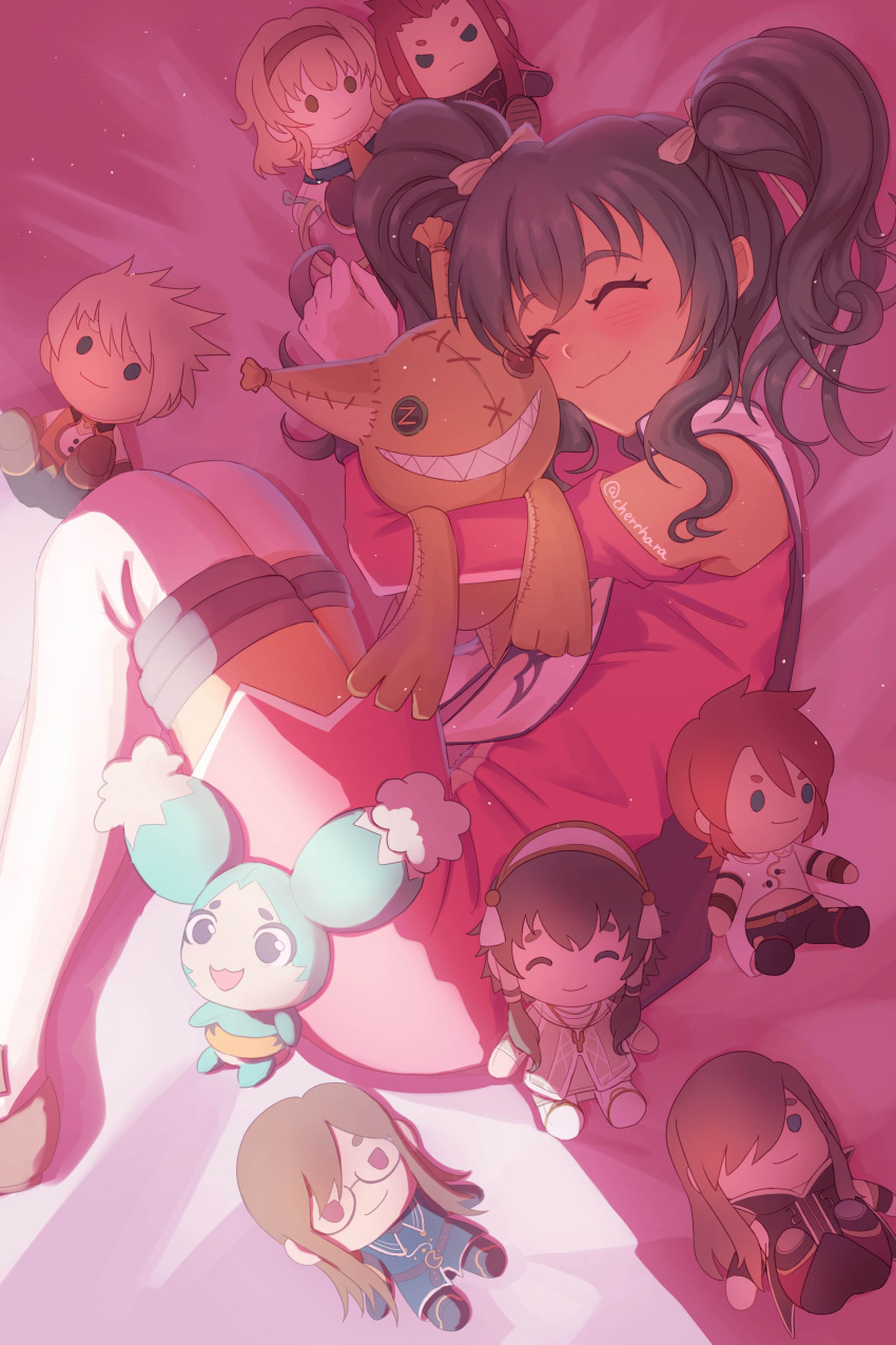 1girl absurdres anise_tatlin artist_name asch_(tales) bare_shoulders black_hair blush cherrhara closed_eyes crossed_bangs detached_sleeves dress grin guy_cecil highres holding holding_stuffed_toy ion_(tales) jade_curtiss luke_fon_fabre lying medium_hair mieu_(tales) natalia_luzu_kimlasca_lanvaldear on_bed on_side pink_dress pink_sleeves sharp_teeth sleeveless sleeveless_dress smile stuffed_toy tales_of_(series) tales_of_the_abyss tear_grants teeth thighhighs tokunaga_(tales) twintails twitter_username white_thighhighs