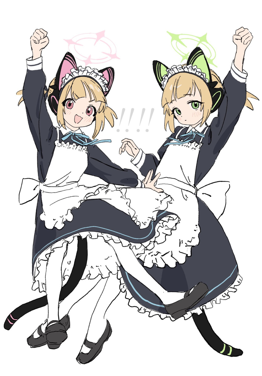 ! !! 2girls :3 animal_ear_headphones animal_ears apron black_dress blonde_hair blue_archive blue_ribbon blunt_bangs bow cat_ear_headphones cat_tail collared_dress commentary dress expressionless fake_animal_ears fake_tail floating_hair frilled_dress frills full_body gomibako_(gomibako_price) green_eyes headphones highres jumping long_sleeves looking_at_viewer maid maid_apron maid_headdress mary_janes midori_(blue_archive) midori_(maid)_(blue_archive) momoi_(blue_archive) momoi_(maid)_(blue_archive) multiple_girls neck_ribbon official_alternate_costume pantyhose pink_eyes raised_eyebrows raised_fist ribbon shoes short_ponytail short_twintails siblings sisters smile tail twintails v-shaped_eyebrows waist_bow white_background white_bow white_pantyhose