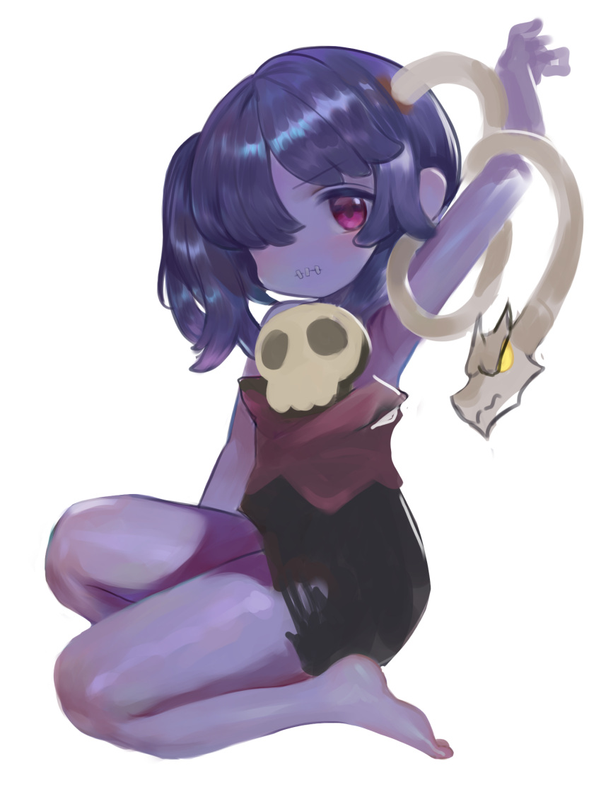 1girl arm_up armpits bare_arms bare_shoulders barefoot black_skirt blush colored_skin commentary dokomon english_commentary full_body hair_over_one_eye highres leviathan_(skullgirls) looking_at_viewer purple_eyes purple_hair purple_skin red_shirt shirt simple_background skirt skull skullgirls squigly_(skullgirls) stitched_mouth stitches white_background