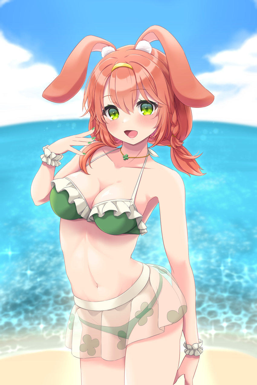 1girl absurdres animal_ears beach bikini blush braid four-leaf_clover_necklace green_bikini green_eyes green_nails highres indie_virtual_youtuber low_twintails open_mouth orange_hair pal_ikki rabbit_ears short_twintails side_braid smile solo swimsuit twintails virtual_youtuber water wrist_cuffs yotsuba_shiha