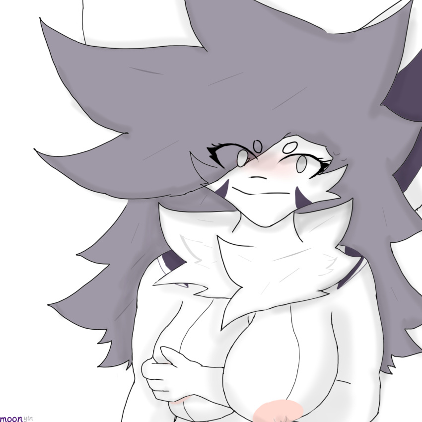 big_breasts breast_grab breasts canid canine female fox hair hand_on_breast hi_res mammal moonyin moonyin_(character) nervous nipples purple shy solo white_body