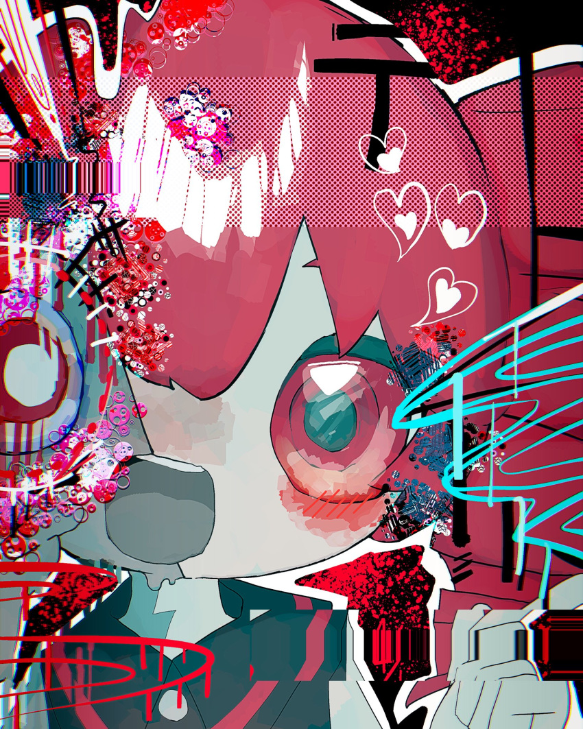1girl alt_text black_background black_shirt blush chromatic_aberration collared_shirt colored_skin commentary_request drill_hair dripping_eye emuenu glitch grey_skin halftone hand_up heart highres kasane_teto looking_at_viewer medium_hair melting mismatched_pupils open_mouth outline portrait red_eyes red_hair shirt solo twin_drills utau white_outline