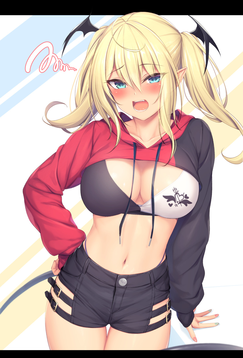 1girl absurdres arm_support black_shorts blonde_hair blue_eyes blush breasts buckle cleavage collarbone demon_girl demon_tail demon_wings fang hair_between_eyes hand_on_own_hip hanpenmaru head_wings highres hood hoodie large_breasts looking_at_viewer medium_hair multicolored_nails navel open_mouth original pointy_ears shorts shrug_(clothing) simple_background solo stomach tail thigh_gap twintails wings