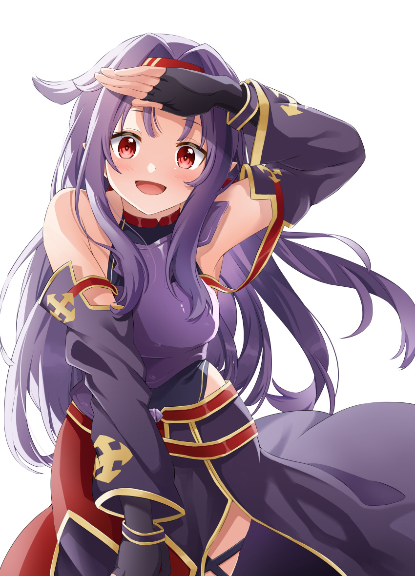 1girl :d absurdres anemonaris armor armpits bare_shoulders black_gloves blush breastplate commentary_request cowboy cowboy_shot detached_sleeves fingerless_gloves gloves hair_flaps highres hip_vent long_hair long_sleeves looking_at_another looking_at_viewer open_mouth purple_hair red_eyes simple_background skirt smile solo standing sword_art_online thighhighs very_long_hair white_background wide_sleeves yuuki_(sao)