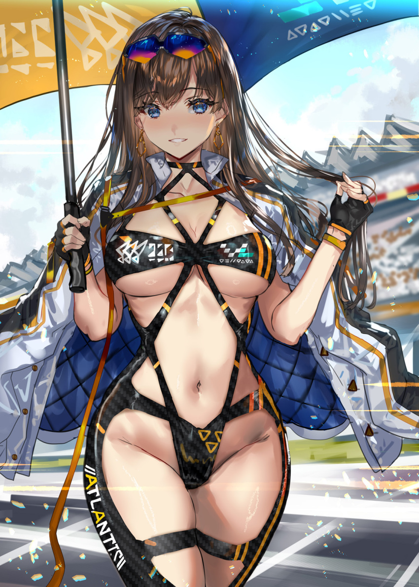 1girl black_gloves bodysuit breasts brown_hair collarbone covered_navel cowboy_shot eyewear_on_head fingerless_gloves gloves highres holding holding_umbrella jacket large_breasts long_hair looking_at_viewer open_clothes open_jacket original parasol parted_lips race_queen ran'ou_(tamago_no_kimi) see-through smile solo sunglasses teeth umbrella white_jacket