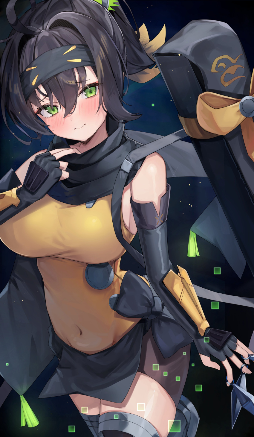 1girl absurdres adjusting_scarf bag bare_shoulders black_hair blonde_hair breasts colored_tips commission covered_navel digital_dissolve duel_monster elbow_gloves fingerless_gloves gloves green_eyes headband highres holding holding_weapon kunai kuroshiro_kanae large_breasts multicolored_hair ponytail s:p_little_night scarf short_shorts shorts skeb_commission solo weapon yu-gi-oh!