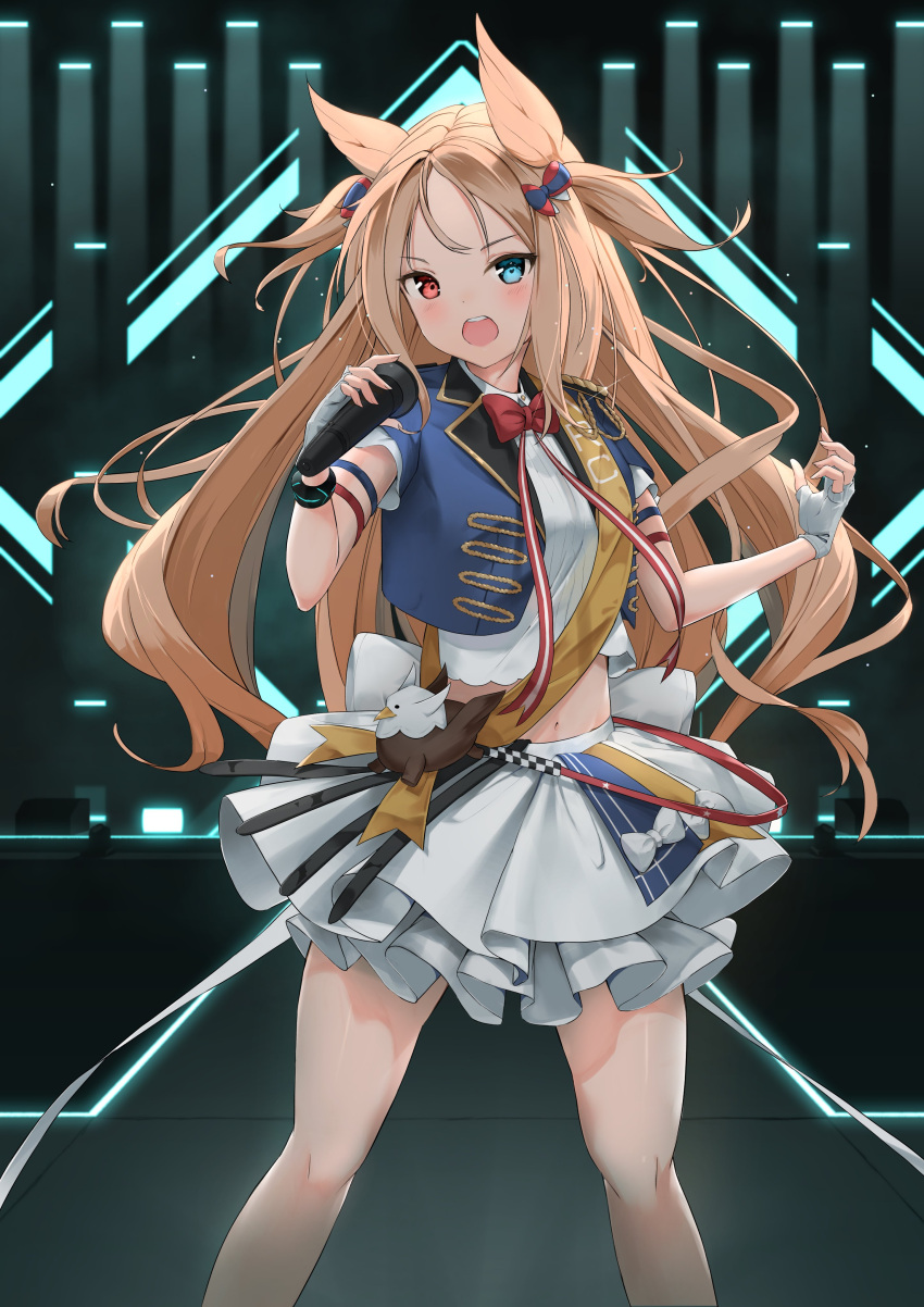 1girl absurdres archetto_(arknights) arknights blue_eyes blue_jacket blush bow brown_hair commentary_request crop_top cropped_jacket feet_out_of_frame fingerless_gloves forehead gloves hair_bow hands_up heterochromia highres holding holding_microphone jacket long_hair looking_at_viewer microphone midriff navel nuage open_clothes open_jacket open_mouth parted_bangs pleated_skirt red_bow red_eyes shirt skirt solo standing teeth two_side_up upper_teeth_only very_long_hair white_gloves white_shirt white_skirt