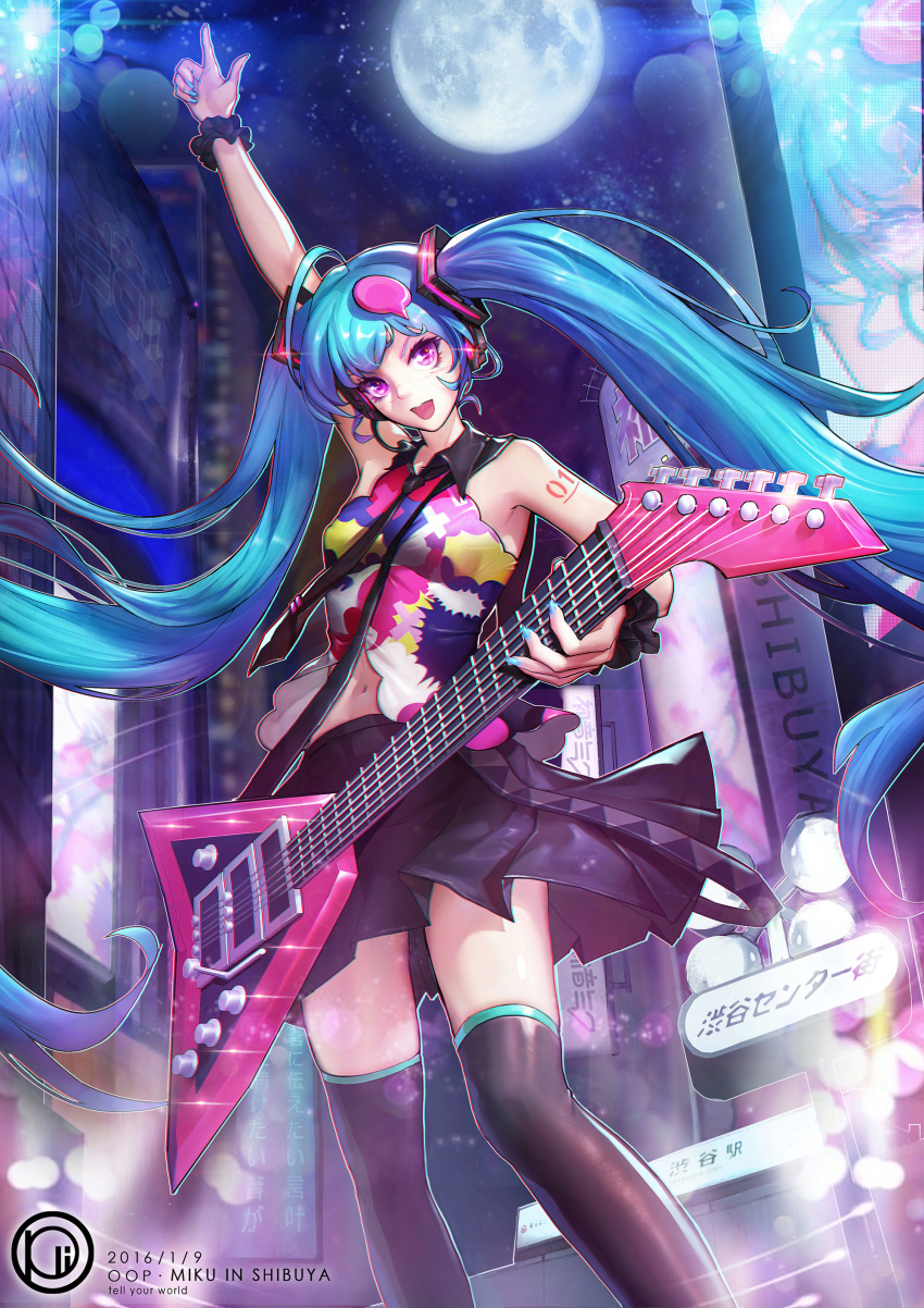 1girl absurdres arm_up blue_hair chromatic_aberration city commentary_request copyright_name dated duplicate electric_guitar guitar hatsune_miku headset highres instrument long_hair looking_at_viewer nail_polish necktie night oop open_mouth photoshop_(medium) pixel-perfect_duplicate purple_eyes shibuya_(tokyo) skirt solo sparkle tell_your_world_(vocaloid) thighhighs twintails very_long_hair vocaloid