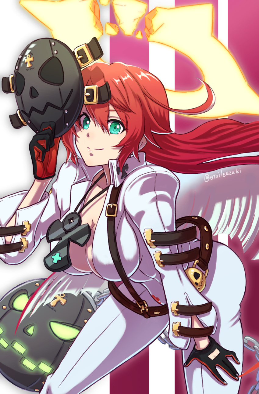1girl ankh belt black_gloves blunt_ends bodysuit breasts cleavage compass_rose_halo gloves green_eyes guilty_gear halo highres jack-o'_valentine kamata_(etoileazuki) large_breasts long_hair looking_at_viewer multicolored_hair red_hair smile solo two-tone_hair white_bodysuit white_hair