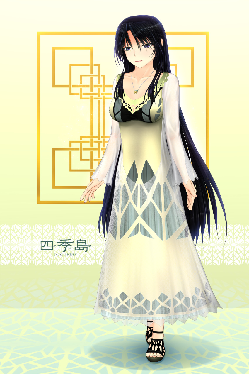 1girl absurdres black_footwear black_hair collarbone dress east_japan_railway_company english_text ground_vehicle highres japan_railways jewelry kanji logo long_hair necklace personification purple_eyes rene_(e311) solo toeless_footwear train train_suite_shiki-shima