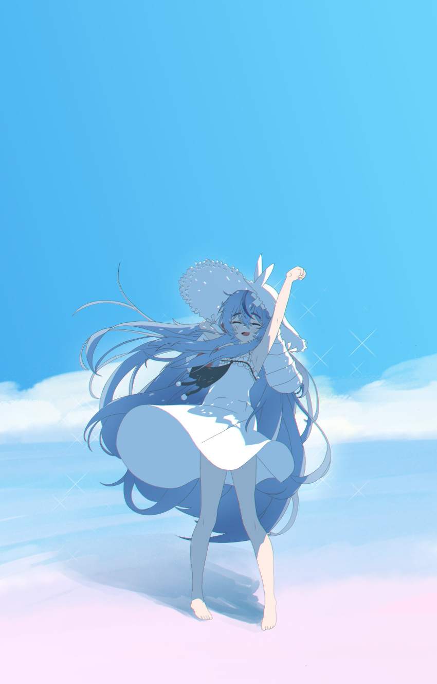 1girl absurdres animal_ears arm_behind_head arm_up barefoot beach black_ribbon blue_hair blue_theme cloud commentary derivative_work dress english_commentary full_body hat highres indie_virtual_youtuber light_blue_hair long_hair lop_rabbit_ears noiriririri para_(vtuber) parody pom_pom_(clothes) rabbit_ears rabbit_girl rella_(style) ribbon sidelocks sparkle style_parody sun_hat sundress very_long_hair virtual_youtuber white_dress white_headwear wind wind_lift