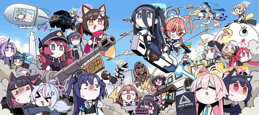 &gt;_&lt; 6+girls :d absurdly_long_hair absurdres ahoge aircraft akari_(blue_archive) animal_ear_fluff animal_ears apron aqua_hair arona's_sensei_doodle_(blue_archive) aru_(blue_archive) b.t._(boob_tong) ballistic_shield black_hair blonde_hair blue_archive blue_eyes blue_sky blunt_bangs blush_stickers bow braid brown_eyes brown_hair butterfly_hair_ornament cameo car cat_ears cat_girl cherino_(blue_archive) chesed_(blue_archive) chibi china_dress chinese_clothes collared_shirt colored_inner_hair commentary_request demon_girl demon_horns demon_wings dirigible dog_ears dog_girl double_bun dress explosion eyewear_on_head firing flying forehead fox_ears fox_girl fox_tail furry furry_with_non-furry gakuran garrison_cap grey_eyes grey_hair gun hadanugi_dousa hair_between_eyes hair_bow hair_bun hair_ornament hair_ribbon hairclip halo handgun haruka_(blue_archive) haruna_(blue_archive) hat headband helicopter helmet helmet_gangster_(blue_archive) hibiki_(blue_archive) hibiki_(cheer_squad)_(blue_archive) hifumi_(blue_archive) highres hina_(blue_archive) holding holding_gun holding_pom_poms holding_weapon horns hoshino_(blue_archive) hug interspecies iroha_(blue_archive) izumi_(blue_archive) izuna_(blue_archive) jacket japanese_clothes junko_(blue_archive) kazusa_(blue_archive) kisaki_(blue_archive) lolita_fashion long_bangs long_hair long_sleeves looking_at_another maid maid_apron maid_headdress master_shiba_(blue_archive) medium_hair military_uniform military_vehicle millennium_cheerleader_outfit_(blue_archive) missile motor_vehicle multicolored_hair multiple_girls neru_(blue_archive) ninja nurse_cap one_side_up orange_eyes outdoors paper parted_bangs peaked_cap peroro_(blue_archive) pleated_skirt pom_pom_(cheerleading) purple_eyes purple_hair railgun red_eyes red_hair reisa_(blue_archive) ribbon riding rope_ladder school_uniform sena_(blue_archive) sensei_(blue_archive) serika_(blue_archive) shiba_inu shirt shizuko_(blue_archive) short_hair short_hair_with_long_locks short_sleeves sidelocks single_braid skirt sky smile sparkling_eyes star_(symbol) star_hair_ornament statue streaked_hair sukajan sunglasses sweatdrop tail tank tiger_i translation_request triangle_hair_ornament turret twintails two-tone_hair two_side_up uniform utaha_(blue_archive) utaha_(cheer_squad)_(blue_archive) very_long_hair wa_lolita walther walther_p38 wavy_hair weapon white_hair wings xd yuuka_(blue_archive)